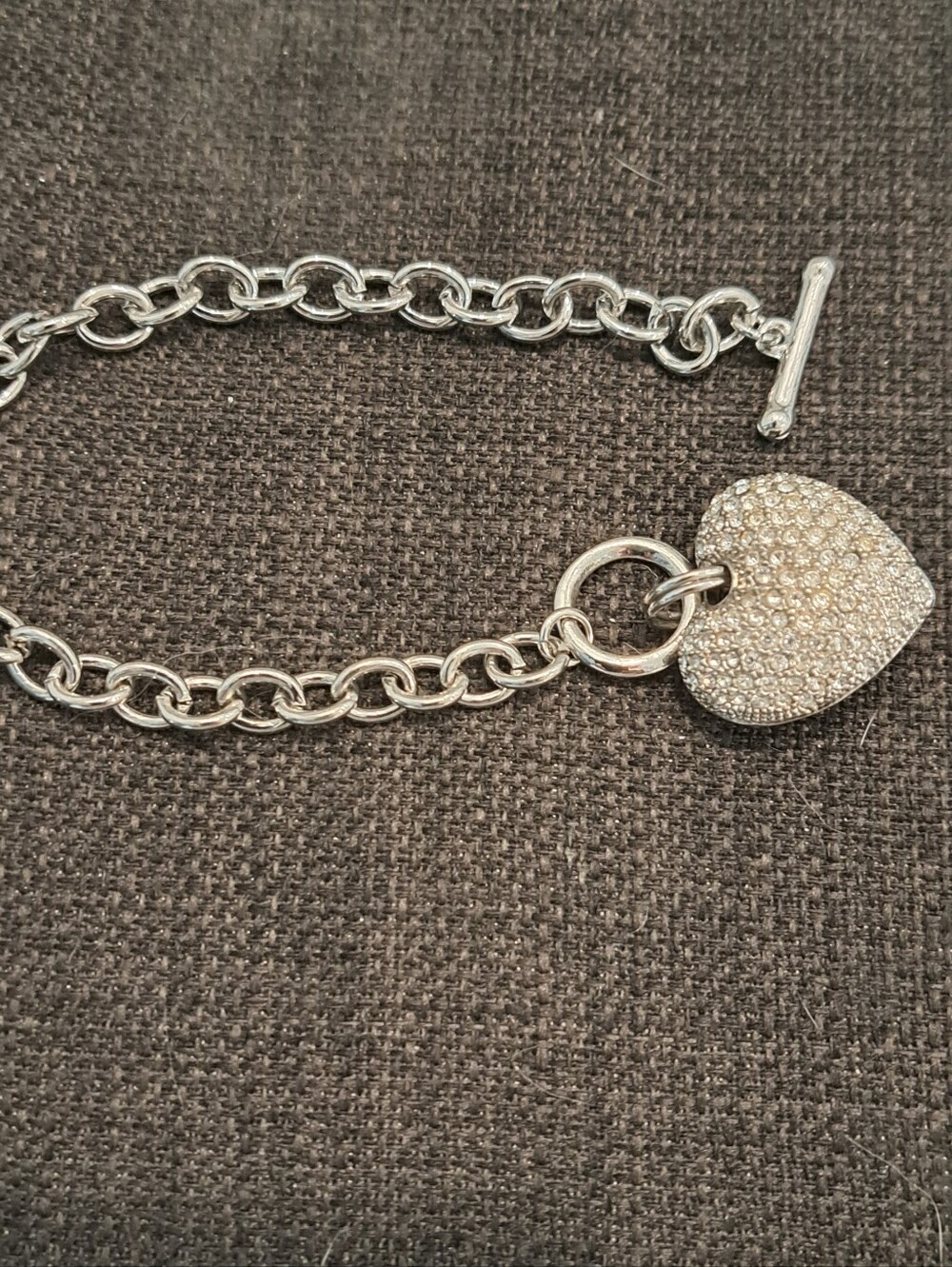 Silver Tone Heart Pavé Toggle Chain Bracelet - Women Jewelry
